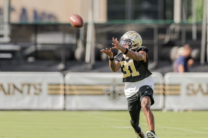 Jul 29, 2022; New Orleans Saints cornerback Bryce Thompson (31) works on defensive drills during training camp at Ochsner Sports Performance Center. Mandatory Credit: Stephen Lew-USA TODAY Sports